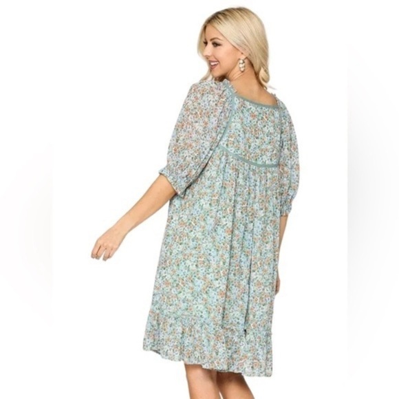 GiGio by Umgee Sea Foam Green Boho Chiffon Ditsy Floral Ruffle Dress - Picture 3 of 16